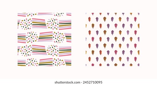 Retro geo botanical vector pattern collection in elegant style. Luxury print textur for beautiful feminine wallpaper decor set. Multicolor 70s leaf design. 