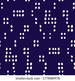 Retro Geo Dotted Shapes Vector Seamless Pattern. Monochrome Indigo Abstract Geometric Background. Whimsical Modern Geometric Print with Uneven Shapes. Minimalist Print for Fashion, Home Decor