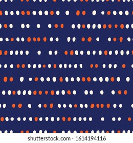 Retro Geo Dotted Stripes Vector Seamless Pattern. Ditsy Modern Abstract White, Orange Dots on Indigo Background. Whimsical Modern Geometric Print. Minimalist Mid-Century Print for Fashion, Home Decor