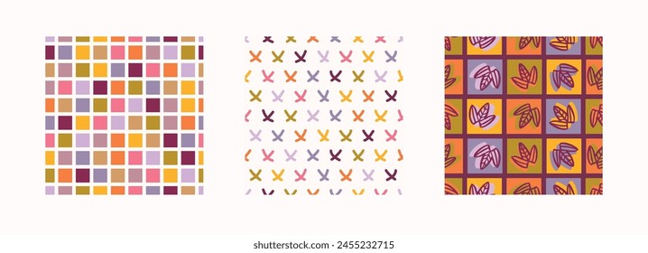 Retro geo colección de patrón de Vector sin fisuras en estilo elegante. Textura de estampado de lujo para un hermoso conjunto de decoración de Fondo de pantalla moderno. Diseño abstracto multicolor de los años 70. 