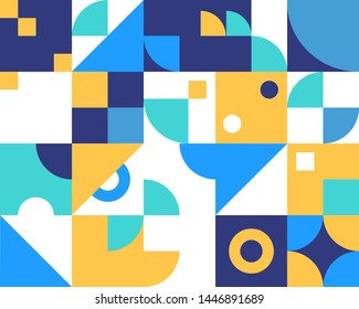 Retro geometric abstract background. Colorful circles, squares, rhombuses and other shapes. Vector illustration.