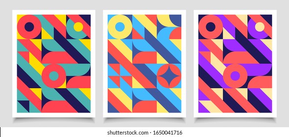 Retro geometric abstract background covers set. Vector abstract backgrounds in old modernism style. Vintage journal covers. Annual poster colorful shape illustration