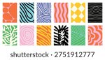 Retro geometric abstract pattern vector set with orange, teal, purple and cream shapes. Vibrant mid century design for wallpaper, textile, packaging, poster and background.