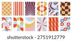 Retro geometric abstract pattern vector set with orange, teal, purple and cream shapes. Vibrant mid century design for wallpaper, textile, packaging, poster and background.