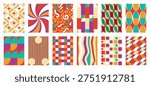 Retro geometric abstract pattern vector set with orange, teal, purple and cream shapes. Vibrant mid century design for wallpaper, textile, packaging, poster and background.