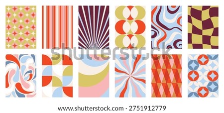 Retro geometric abstract pattern vector set with orange, teal, purple and cream shapes. Vibrant mid century design for wallpaper, textile, packaging, poster and background.