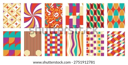 Retro geometric abstract pattern vector set with orange, teal, purple and cream shapes. Vibrant mid century design for wallpaper, textile, packaging, poster and background.