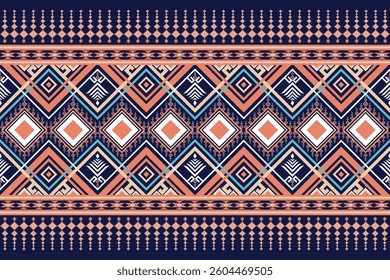 Retro geometric abstract seamless ethnic pattern. Geometric tribal on blue background folk embroidery Navajo textile fashion. Embroidery Aztec style. Design for wallpaper, Batik, clothing, Sarong