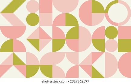 Retro geometric aesthetic pattern. Bauhaus and avant-garde style vector background with abstract simple shapes. Colorful pattern in pastel pink and green colors. Minimalistic backdrop in eco style.
