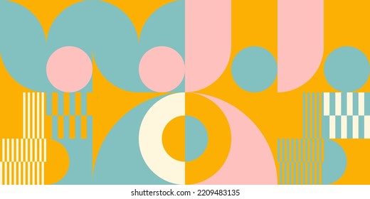 Retro geometric aesthetics. Bauhaus and avant-garde inspired vector background with abstract simple shapes like circle, square, semi circle. Colorful pattern in nostalgic pastel colors.