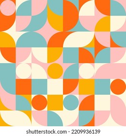 Retro geometric aesthetics. Bauhaus and avant-garde inspired vector background with abstract simple shapes like circle, square, semi circle. Colorful pattern in nostalgic pastel colors.