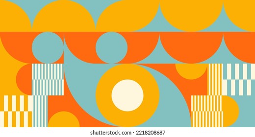 Retro geometric aesthetics. Bauhaus and avant-garde inspired vector background with abstract simple shapes like circle, square, semi circle. Colorful pattern in nostalgic pastel colors.