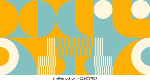 Retro geometric aesthetics. Bauhaus and avant-garde inspired vector background with abstract simple shapes like circle, square, semi circle. Colorful pattern in nostalgic pastel colors.