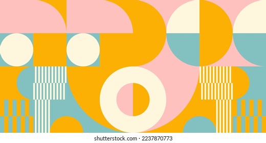 Retro geometric aesthetics. Bauhaus and avant-garde inspired vector background with abstract simple shapes like circle, square, semi circle. Colorful pattern in nostalgic pastel colors.