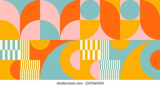 Retro geometric aesthetics. Bauhaus and avant-garde inspired vector background with abstract simple shapes like circle, square, semi circle. Colorful pattern in nostalgic pastel colors.