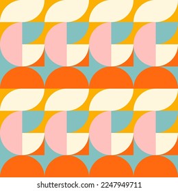 Retro geometric aesthetics. Bauhaus and avant-garde inspired vector background with abstract simple shapes like circle, square, semi circle. Colorful pattern in nostalgic pastel colors.