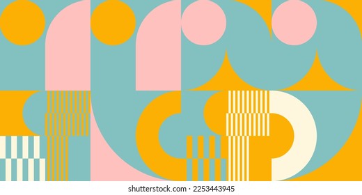 Retro geometric aesthetics. Bauhaus and avant-garde inspired vector background with abstract simple shapes like circle, square, semi circle. Colorful pattern in nostalgic pastel colors.