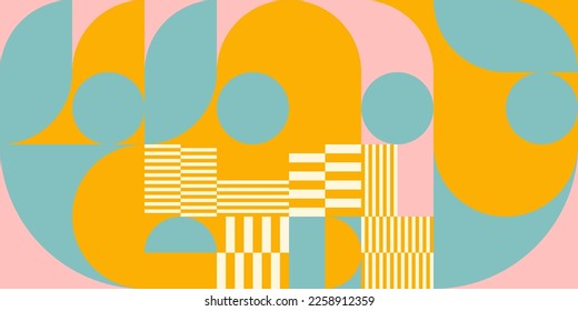 Retro geometric aesthetics. Bauhaus and avant-garde inspired vector background with abstract simple shapes like circle, square, semi circle. Colorful pattern in nostalgic pastel colors.