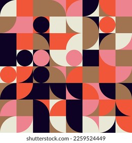 Retro geometric aesthetics. Bauhaus and avant-garde inspired vector background with abstract simple shapes like circle, square, semi circle. Colorful pattern in nostalgic pastel colors.