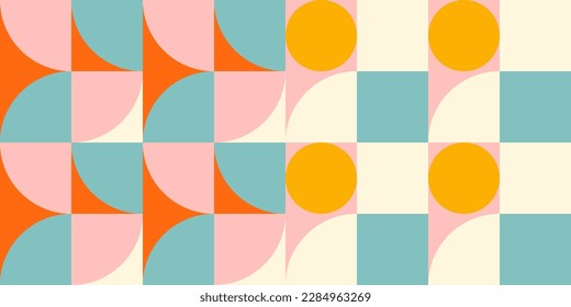 Retro geometric aesthetics. Bauhaus and avant-garde inspired vector background with abstract simple shapes like circle, square, semi circle. Colorful pattern in nostalgic pastel colors.