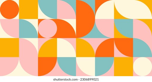 Retro geometric aesthetics. Bauhaus and avant-garde inspired vector background with abstract simple shapes like circle, square, semi circle. Colorful pattern in nostalgic pastel colors.
