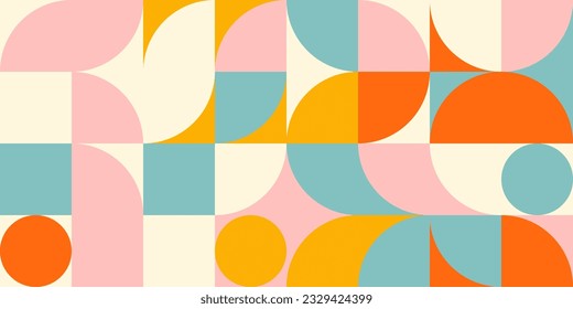 Retro geometric aesthetics. Bauhaus and avant-garde inspired vector background with abstract simple shapes like circle, square, semi circle. Colorful pattern in nostalgic pastel colors.
