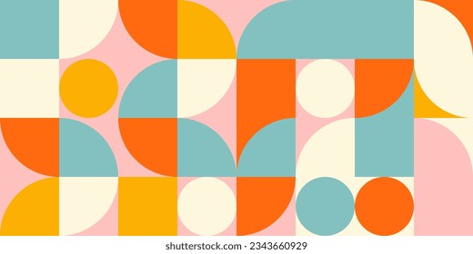 Retro geometric aesthetics. Bauhaus and avant-garde inspired vector background with abstract simple shapes like circle, square, semi circle. Colorful pattern in nostalgic pastel colors.
