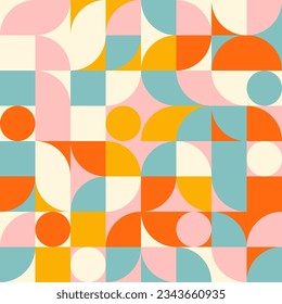 Retro geometric aesthetics. Bauhaus and avant-garde inspired vector background with abstract simple shapes like circle, square, semi circle. Colorful pattern in nostalgic pastel colors.