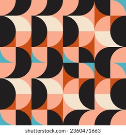 Retro geometric aesthetics. Bauhaus and avant-garde inspired vector background with abstract simple shapes like circle, square, semi circle. Colorful pattern in nostalgic pastel colors.