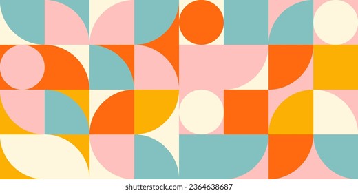 Retro geometric aesthetics. Bauhaus and avant-garde inspired vector background with abstract simple shapes like circle, square, semi circle. Colorful pattern in nostalgic pastel colors.
