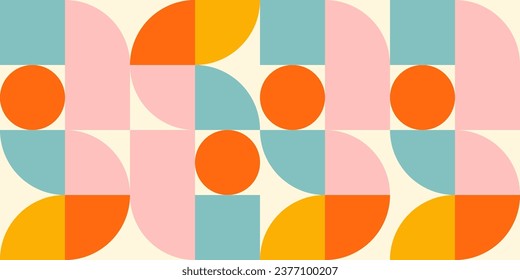 Retro geometric aesthetics. Bauhaus and avant-garde inspired vector background with abstract simple shapes like circle, square, semi circle. Colorful pattern in nostalgic pastel colors.
