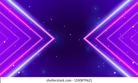 Retro geometric arrow neon light glowing purple with starry background