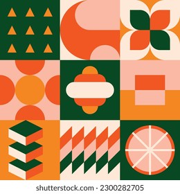 retro geometric artwork design. Collage flat shapes layout illustration with pop orange and green colors vector