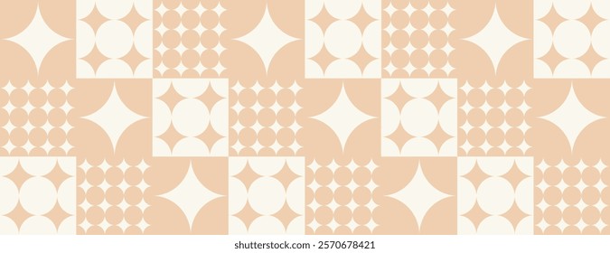 Retro geometric background with beige and white patterns. Beige background features circular and star shapes for a vintage feel. Minimal retro geometric star pattern vector background