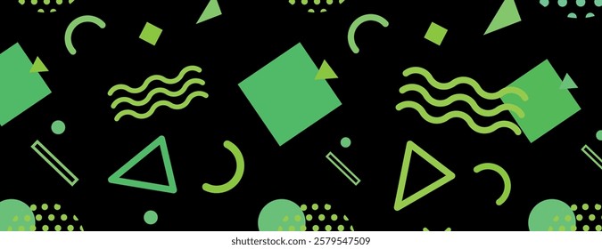 Retro geometric background with a black background featuring green shapes. The green color adds a vibrant contrast to the black Fun memphis pattern background. Black vector.