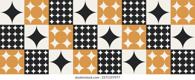 Retro geometric background with black and orange patterns. The background features black and orange circles and stars on a white base. Minimal retro geometric star pattern vector background