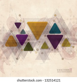 Retro geometric background with colorful triangle shapes and ornate swirls on grunge background. Eps10 vector illustration
