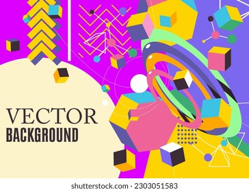 Retro geometric background with old geometrical shapes. Abstract busy psychodelic volumetric vector. Simple banner, poster. Vibrant graphic art cartoon illustration.
