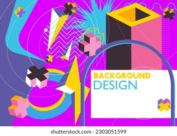 Retro geometric background with old geometrical shapes. Abstract busy psychodelic volumetric vector. Simple banner, poster. Vibrant graphic art cartoon illustration.