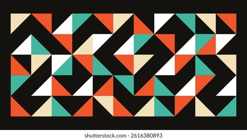 Retro geometric banner with triangle shapes, abstract pattern. Brutal contemporary figures in seamless tiles. Swiss design aesthetic, vector illustrations.