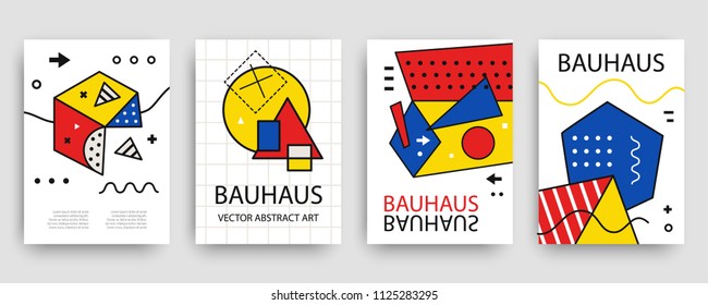 Retro geometric bauhaus, memphis covers templates set. Modern hipster brochures, banners, posters design. Vector illustration in yellow, blue, red and black colors.