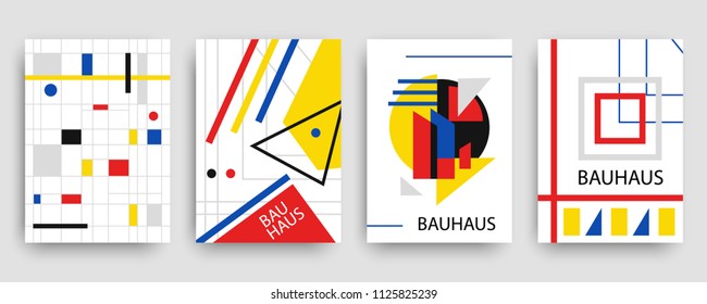 Retro geometric bauhaus, memphis covers templates set. Modern hipster brochures, banners, posters design. Vector illustration in yellow, blue, red and black colors.