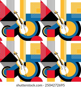 Retro geometric bauhaus seamless pattern with musicial instruments 