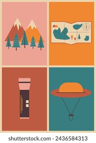 retro geometric bright poster with camping and hiking things. mountains, map, flashlight, hat, vector illustration