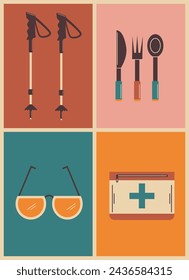 retro geometric bright poster with camping and hiking things. walking sticks, glasses, aid kit, eating utensils, vector illustration