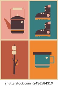 retro geometric bright poster with camping and hiking things. kettle, hiking boots, mug, marshmallows sticks, vector illustration