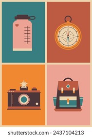 retro geometric bright poster with camping and hiking things. thermos, compass, camera, backpack vector illustration