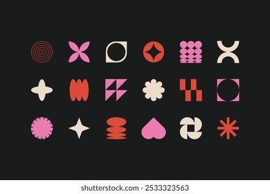 Elementos brutalistas geométricos retro. Abstractas Formas primitivas de los años 80 y 90 y formas mínimas funky. Vector Memphis Y2K conjunto.