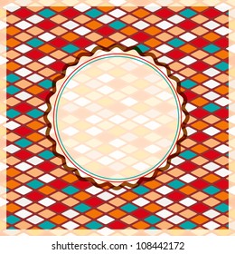 Retro Geometric Card with Round Label and Colorful Rhombus Pattern