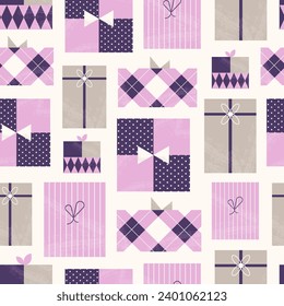 Patrón retro geométrico de Navidad sin problemas con regalos en un estilo plano minimalista. Feliz Año Nuevo Seamless Background. Ilustración vectorial.